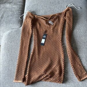 Fashionova Brown Mesh Long Sleeve Dress